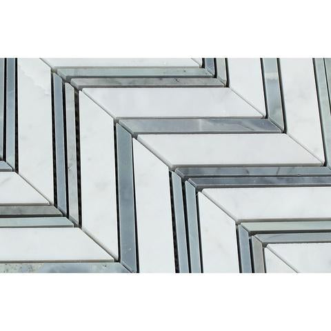 Carrara White Marble Polished Large Chevron Mosaic Tile w / Blue-Gray Strips