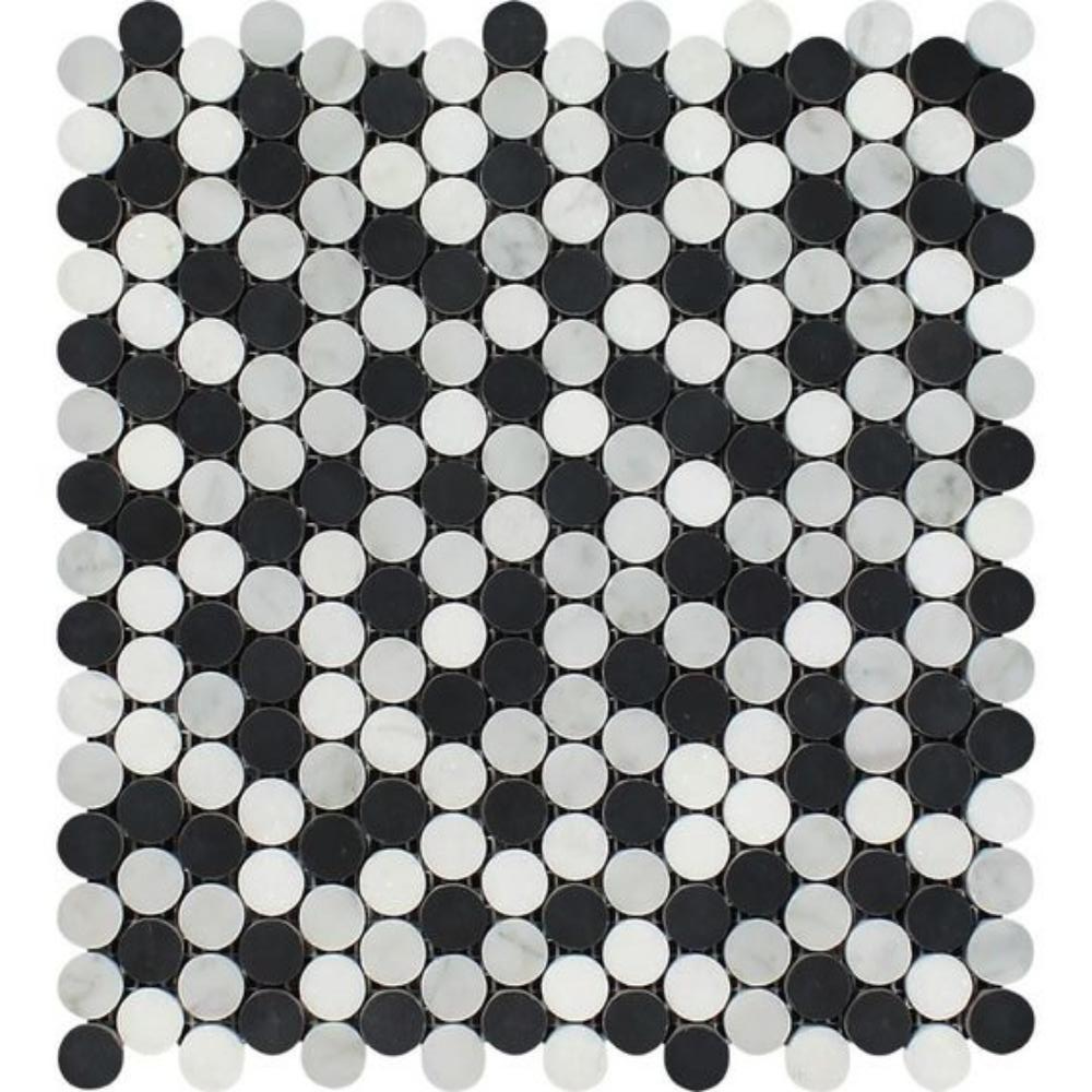 Carrara White Marble Honed Penny Round Mosaic Tile w / Black Dots-Marble Mosaic-American Tile Depot