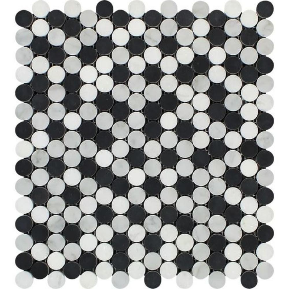 Carrara White Marble Honed Penny Round Mosaic Tile w / Black Dots-Marble Mosaic-American Tile Depot