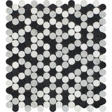 Carrara White Marble Polished Penny Round Mosaic Tile w / Black Dots