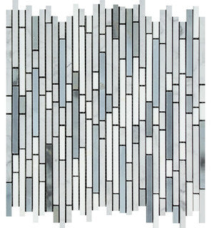 Carrara White Marble Honed Tricolor Bamboo Sticks Mosaic (Carrara + Thassos + Blue-Gray )-Marble Mosaic-American Tile Depot