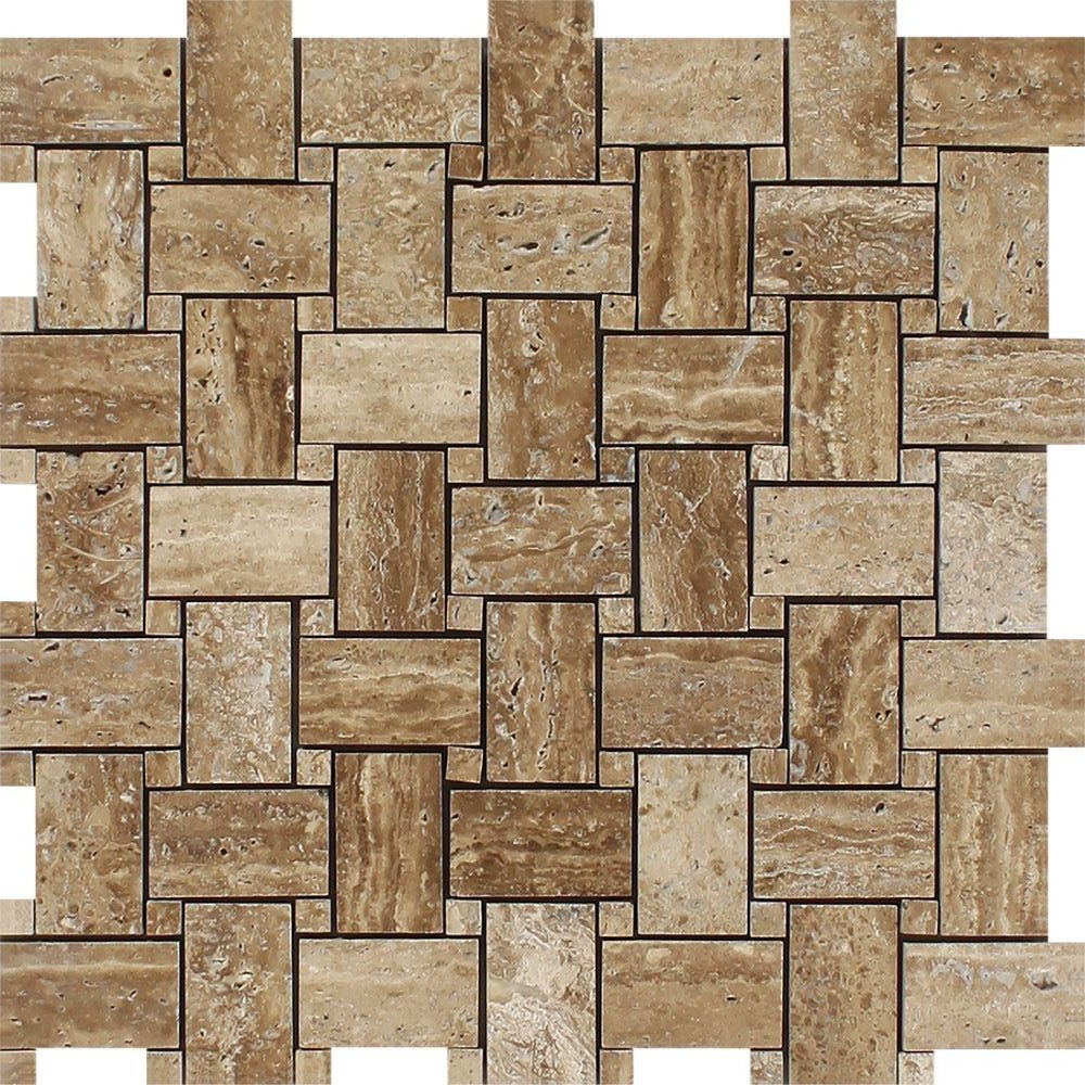 Noce Exotic Travertine (Vein-Cut) Polished & Unfilled Basketweave Mosaic Tile-Travertine Mosaic-American Tile Depot