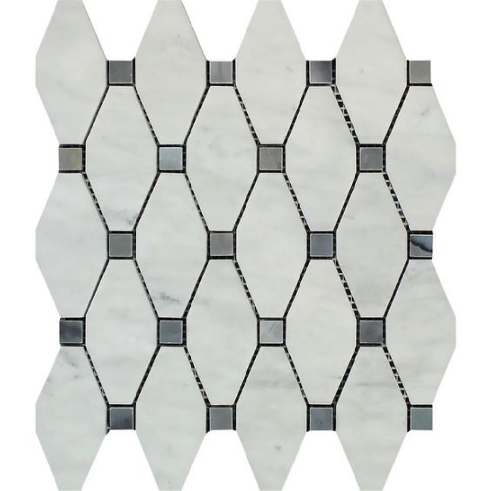 Carrara White Marble Polished Octave Pattern Mosaic Tile w/ Blue Gray Dots-Marble Mosaic-American Tile Depot