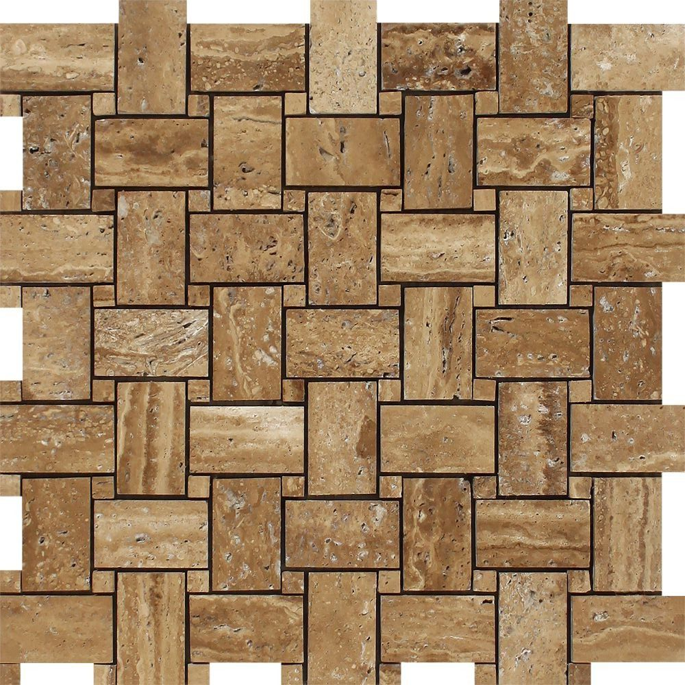 Noce Exotic Travertine (Vein-Cut) Brushed & Unfilled Basketweave Mosaic Tile-Travertine Mosaic-American Tile Depot