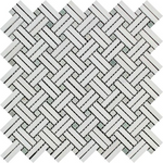 Thassos White Marble Polished Stanza Basketweave Mosaic Tile w/ Ming Green Dots-Marble Mosaic-American Tile Depot