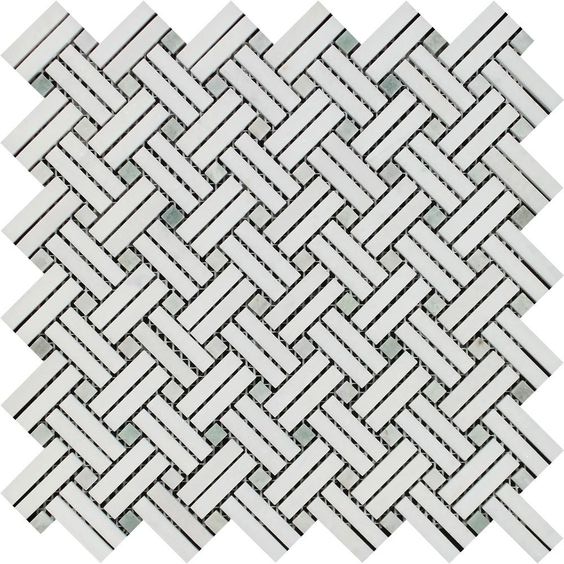 Thassos White Marble Polished Stanza Basketweave Mosaic Tile w/ Ming Green Dots-Marble Mosaic-American Tile Depot