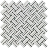 Thassos White Marble Polished Stanza Basketweave Mosaic Tile w/ Ming Green Dots