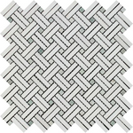 Thassos White Marble Honed Stanza Basketweave Mosaic Tile w/ Ming Green Dots-Marble Mosaic-American Tile Depot