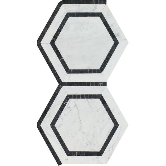 Carrara White Marble Polished 5" Hexagon Combination Mosaic Tile w / Black-Marble Mosaic-American Tile Depot