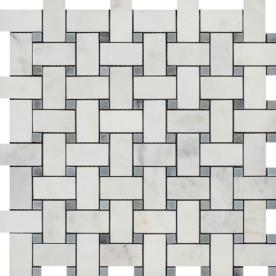 Oriental White / Asian Statuary Marble Honed Basketweave Mosaic Tile w/ Blue Gray Dots-Marble Mosaic-American Tile Depot