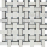 Oriental White / Asian Statuary Marble Honed Basketweave Mosaic Tile w/ Blue Gray Dots-Marble Mosaic-American Tile Depot