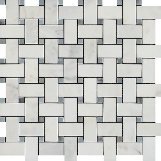 Oriental White / Asian Statuary Marble Honed Basketweave Mosaic Tile w/ Blue Gray Dots-Marble Mosaic-American Tile Depot