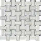 Oriental White / Asian Statuary Marble Polished Basketweave Mosaic Tile w/ Blue Gray Dots