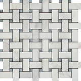 Oriental White / Asian Statuary Marble Polished Basketweave Mosaic Tile w/ Blue Gray Dots