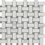 Oriental White / Asian Statuary Marble Honed Basketweave Mosaic Tile w/ Blue Gray Dots