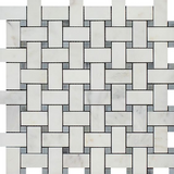 Oriental White / Asian Statuary Marble Polished Basketweave Mosaic Tile w/ Blue Gray Dots