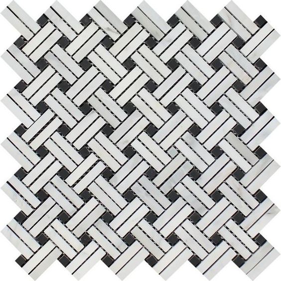 Oriental White / Asian Statuary Marble Polished Stanza Basketweave Mosaic Tile w / Black Dots-Marble Mosaic-American Tile Depot