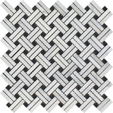 Oriental White / Asian Statuary Marble Polished Stanza Basketweave Mosaic Tile w / Black Dots