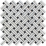 Oriental White / Asian Statuary Marble Honed Stanza Basketweave Mosaic Tile w / Black Dots