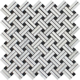 Oriental White / Asian Statuary Marble Honed Stanza Basketweave Mosaic Tile w / Black Dots