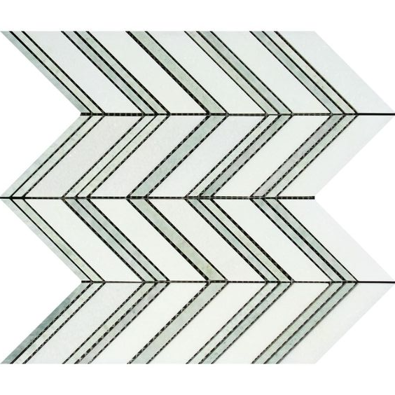 Thassos White Marble Honed Large Chevron Mosaic Tile w / Ming-Green Dots Strips-Marble Mosaic-American Tile Depot