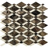 Emperador Dark Marble Polished Lattice Mosaic Tile w/ Crema Marfil Stripe