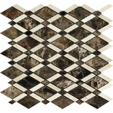 Emperador Dark Marble Polished Lattice Mosaic Tile w/ Crema Marfil Stripe