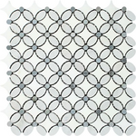 Carrara White Marble Polished Florida Flower Mosaic Tile w/Blue Gray Dots-Marble Mosaic-American Tile Depot