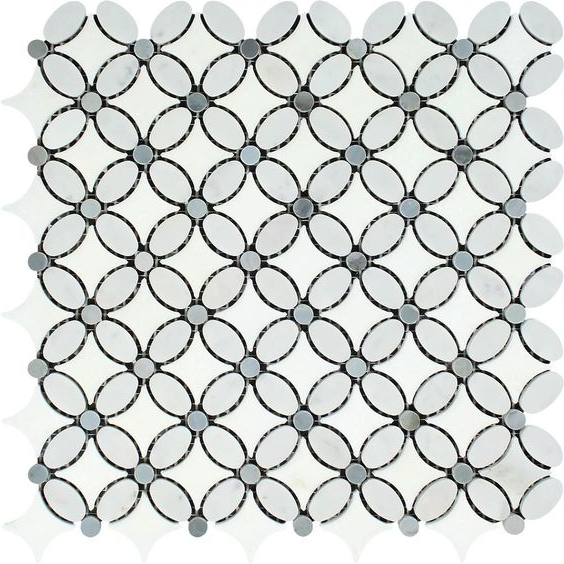 Carrara White Marble Honed Florida Flower Mosaic Tile w/Blue Gray Dots-Marble Mosaic-American Tile Depot