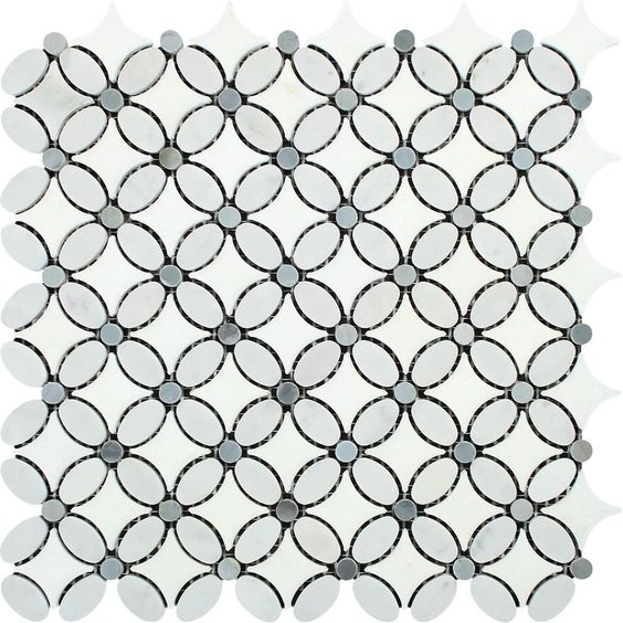 Carrara White Marble Polished Florida Flower Mosaic Tile w/Blue Gray Dots-Marble Mosaic-American Tile Depot