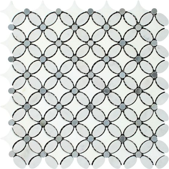 Carrara White Marble Honed Florida Flower Mosaic Tile w/Blue Gray Dots-Marble Mosaic-American Tile Depot