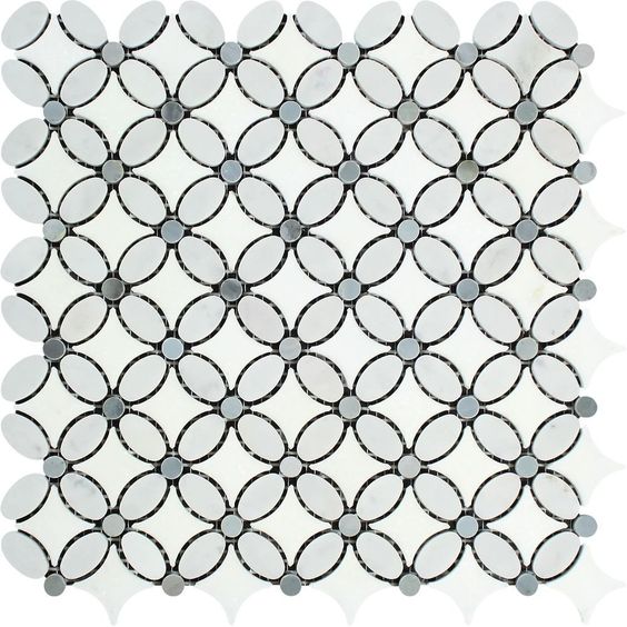 Thassos White Marble Honed Florida Flower Mosaic Tile w/Blue Gray Dots