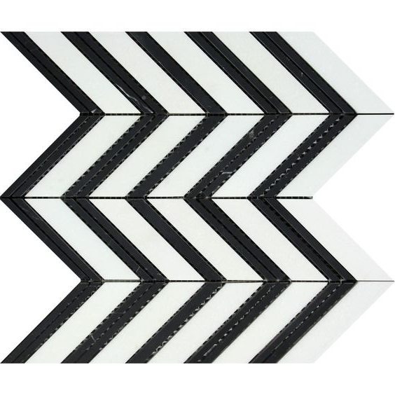 Thassos White Marble Honed Large Chevron Mosaic Tile w / Black Dots Strips-Marble Mosaic-American Tile Depot