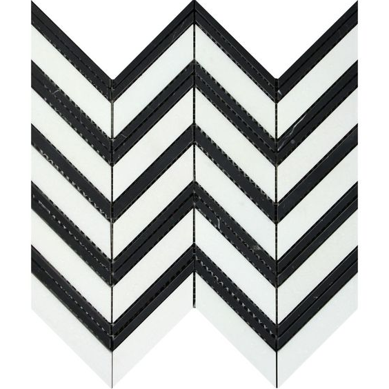 Thassos White Marble Polished Large Chevron Mosaic Tile w / Black Dots Strips-Marble Mosaic-American Tile Depot