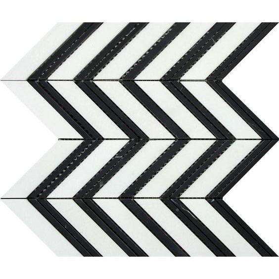 Thassos White Marble Honed Large Chevron Mosaic Tile w / Black Dots Strips-Marble Mosaic-American Tile Depot