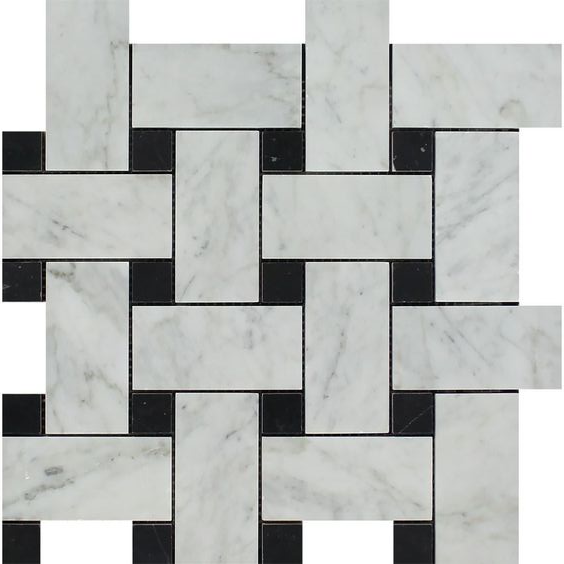 Carrara White Marble Honed Large Basketweave Mosaic Tile w/ Black Dots-Marble Mosaic-American Tile Depot