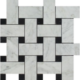 Carrara White Marble Polished Large Basketweave Mosaic Tile w/ Black Dots