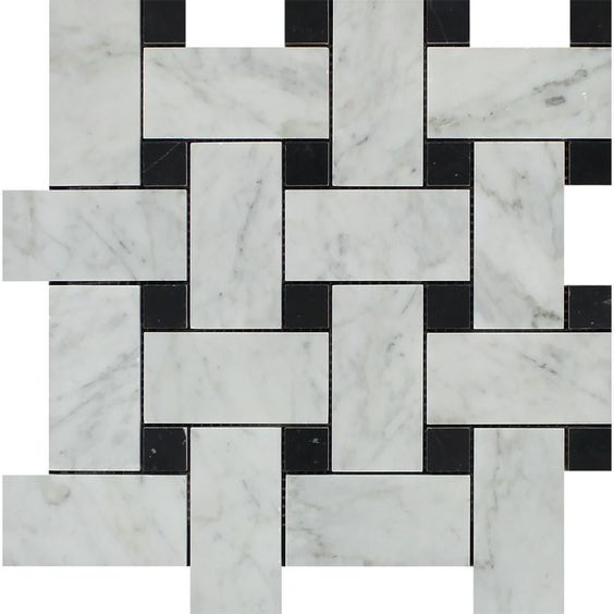 Carrara White Marble Polished Large Basketweave Mosaic Tile w/ Black Dots-Marble Mosaic-American Tile Depot