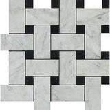 Carrara White Marble Polished Large Basketweave Mosaic Tile w/ Black Dots