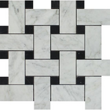 Carrara White Marble Polished Large Basketweave Mosaic Tile w/ Black Dots