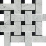 Carrara White Marble Polished Large Basketweave Mosaic Tile w/ Black Dots