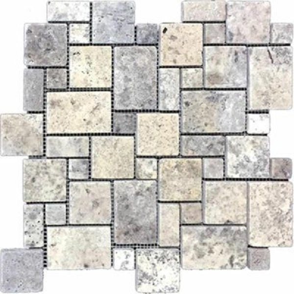 Silver Travertine Tumbled Micro-Pattern (Mini Versailles) Mosaic Tile-Travertine Mosaic-American Tile Depot