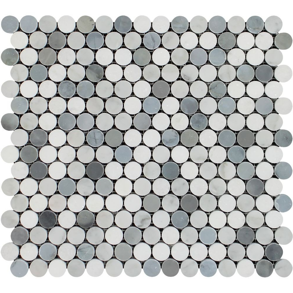 Thassos White Marble Polished Penny Round Mosaic Tile w/ Blue Gray Dots-Marble Mosaic-American Tile Depot