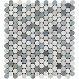 Thassos White Marble Polished Penny Round Mosaic Tile w/ Blue Gray Dots