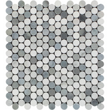 Carrara White Marble Polished Penny Round Mosaic Tile w / Blue Gray Dots-Marble Mosaic-American Tile Depot