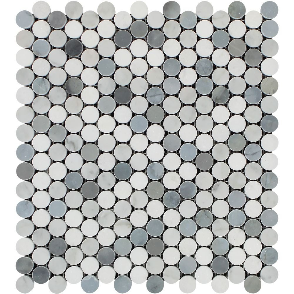 Carrara White Marble Honed Penny Round Mosaic Tile w / Blue Gray Dots-Marble Mosaic-American Tile Depot