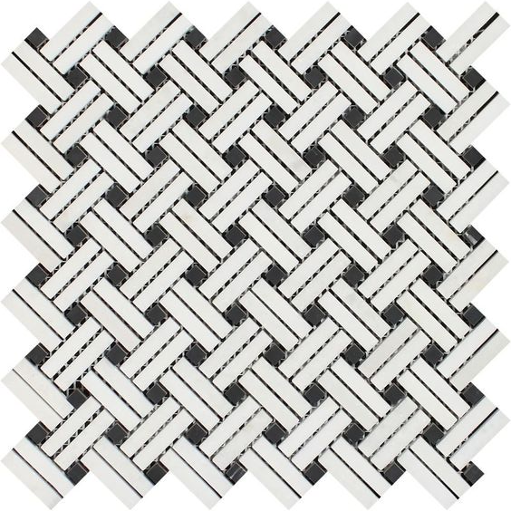 Thassos White Marble Polished Stanza Basketweave Mosaic Tile w/ Black Dots-Marble Mosaic-American Tile Depot