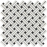 Thassos White Marble Polished Stanza Basketweave Mosaic Tile w/ Black Dots