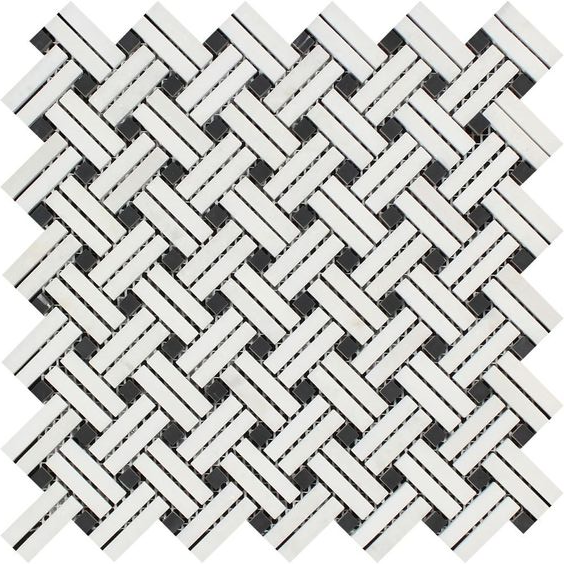 Thassos White Marble Polished Stanza Basketweave Mosaic Tile w/ Black Dots-Marble Mosaic-American Tile Depot