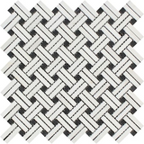 Thassos White Marble Polished Stanza Basketweave Mosaic Tile w/ Black Dots